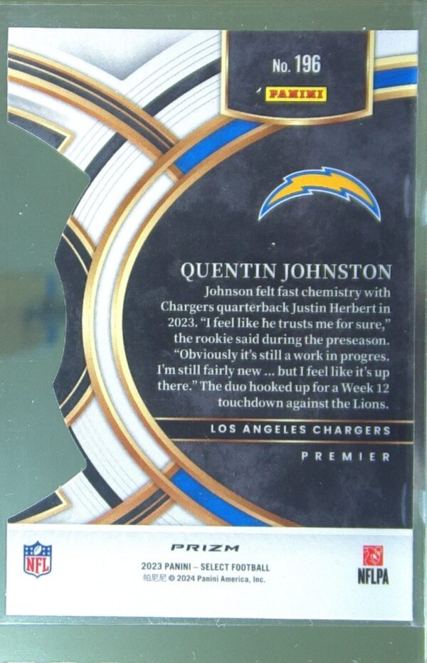 2023 Select Quentin Johnston Red and Yellow Prizms Die Cuts RC #196 Chargers - Image 3