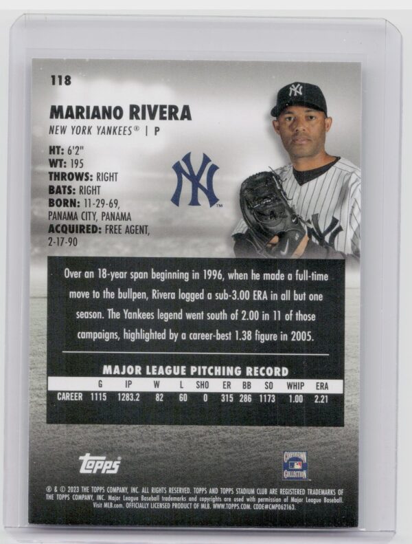 2023 Stadium Club Mariano Rivera Black Foil #118 Yankees - Image 3