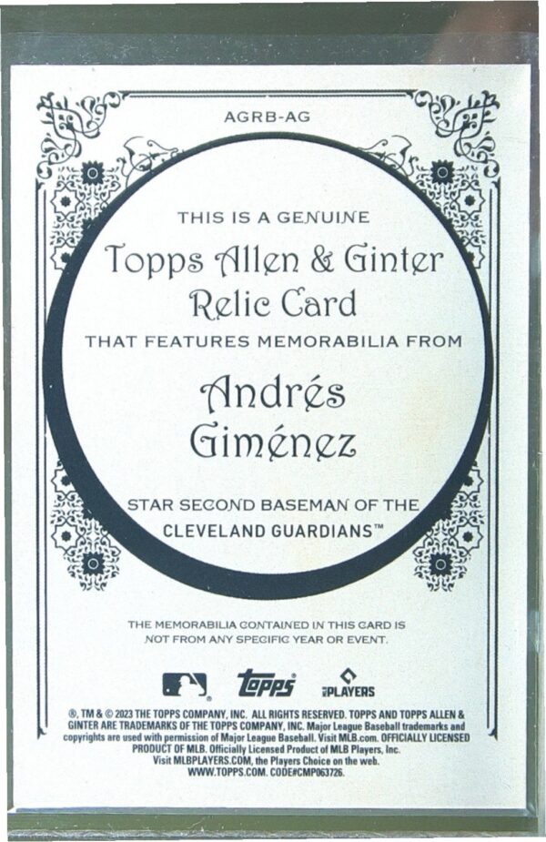 2023 Topps Allen & Ginter Andres Gimenez JSY #AGRB-AG Guardians Allen & Ginter B - Image 3