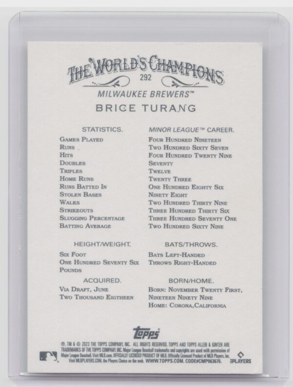2023 Topps Allen & Ginter Brice Turang Rookie RC #292 Brewers - Image 3