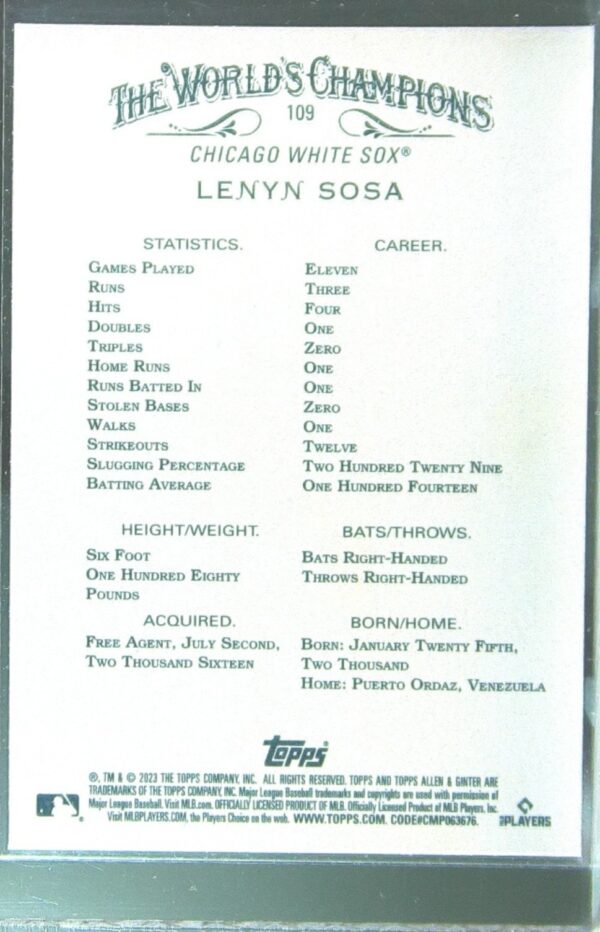 2023 Topps Allen & Ginter Lenyn Sosa RC #109 Sox - Image 3