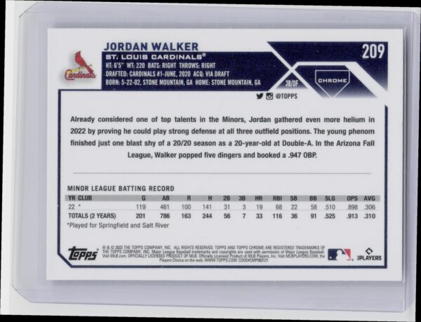 2023 Topps Chrome Jordan Walker Prism Refractor #209 Cardinals - Image 3
