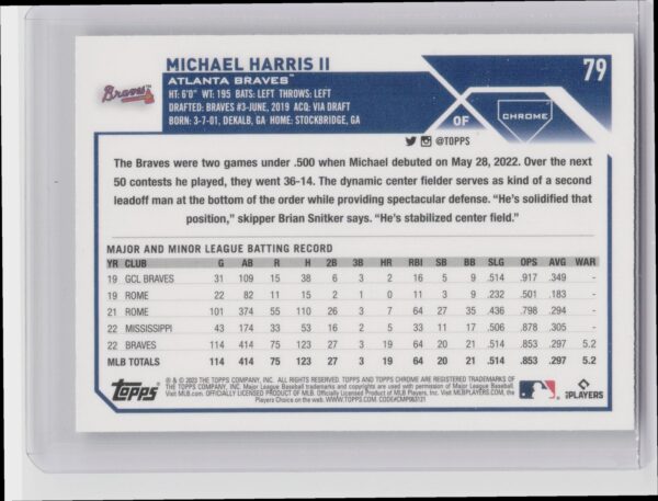 2023 Topps Chrome Michael Harris II RC #79 Braves - Image 3