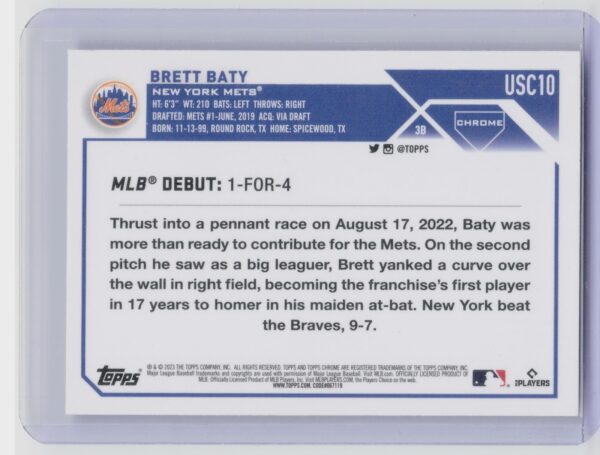 2023 Topps Chrome Update Brett Baty #USC10 Mets - Image 3