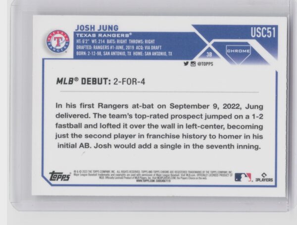 2023 Topps Chrome Update Josh Jung Rookie Debut #USC51 Rangers - Image 3