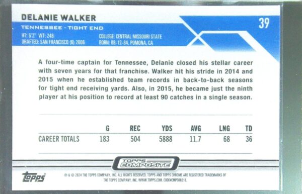 2023 Topps Composite Delanie Walker Topps Chrome Pink Refractor #39 Titans - Image 3