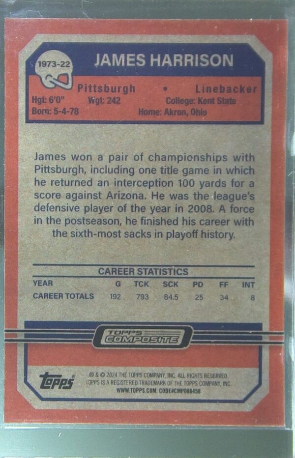 2023 Topps Composite James Harrison #1973-22 Steelers 1973 Topps Football Lazer - Image 3