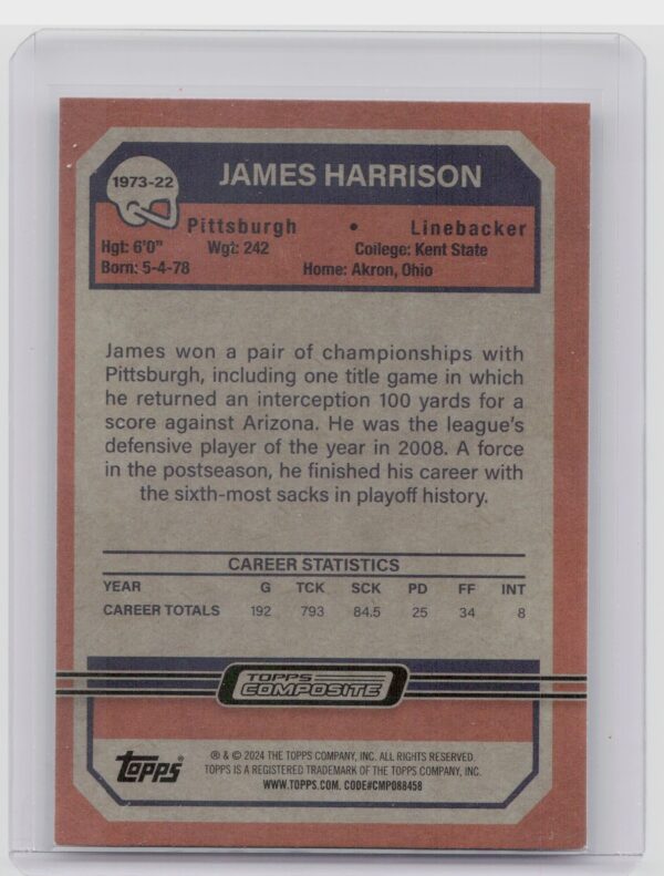 2023 Topps Composite James Harrison 1973 Topps Football #1973-22 Steelers - Image 3