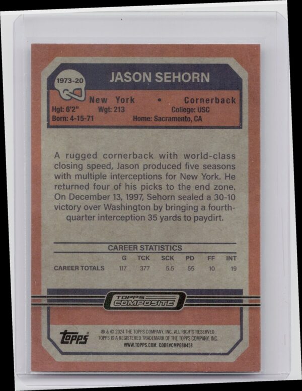 2023 Topps Composite Jason Sehorn 1973 Topps Football #1973-20 Giants - Image 3
