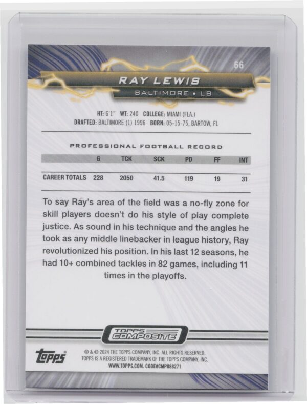 2023 Topps Composite Ray Lewis Resurgence Purple and Yellow Static #66 Ravens - Image 3