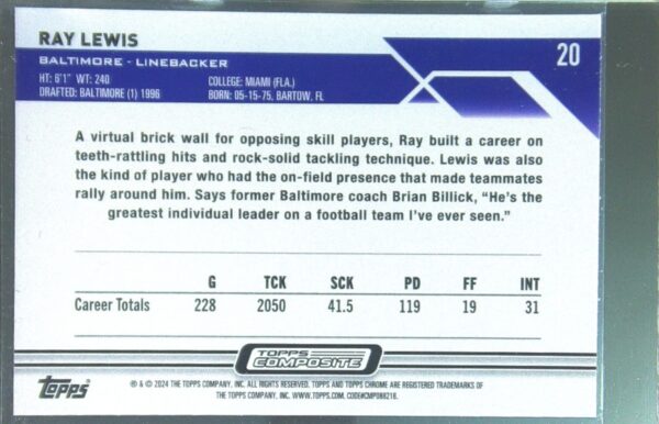 2023 Topps Composite Ray Lewis Topps Chrome Pink Refractor #20 Ravens - Image 3