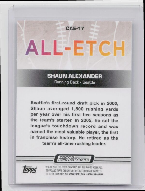2023 Topps Composite Shaun Alexander Chrome All Etch #CAE-17 Seahawks - Image 3