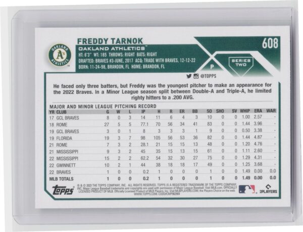 2023 Topps Freddy Tarnok Rookie #608 Athletics - Image 3