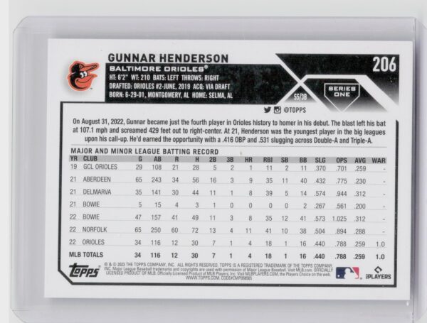 2023 Topps Gunnar Henderson #206 Orioles - Image 3