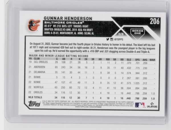 2023 Topps Gunnar Henderson Rookie #206 Orioles - Image 3
