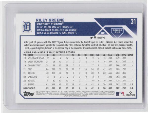 2023 Topps Riley Greene Rookie #182 Tigers - Image 3