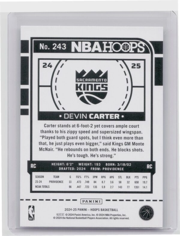 2024-25 Hoops Devin Carter RC #243 Kings - Image 3