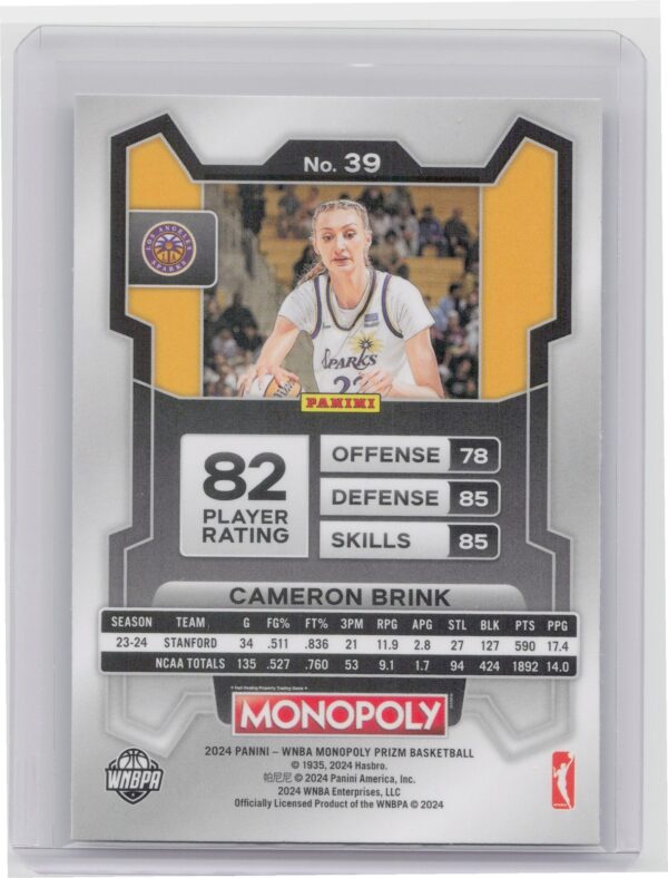 2024-25 Panini Prizm Monopoly WNBA Cameron Brink RC 39 Sparks - Image 3