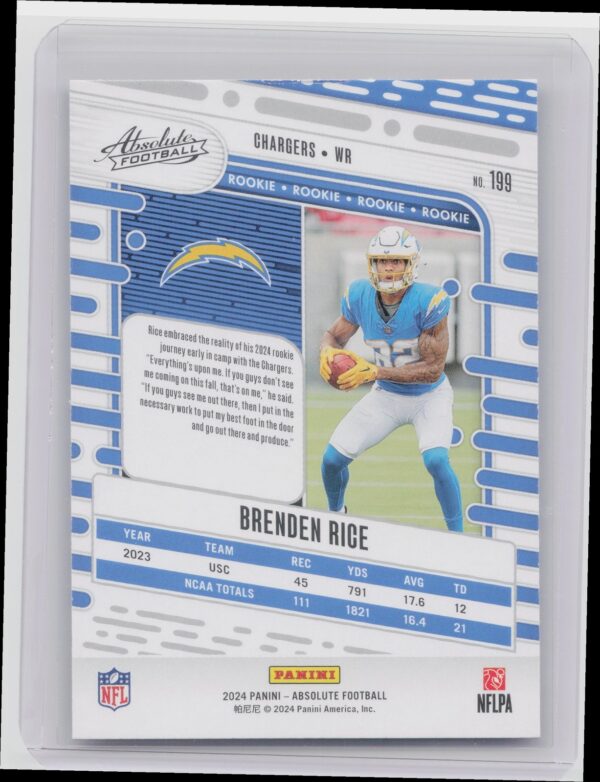 2024 Absolute Brenden Rice Red and Blue RC #199 Chargers - Image 3