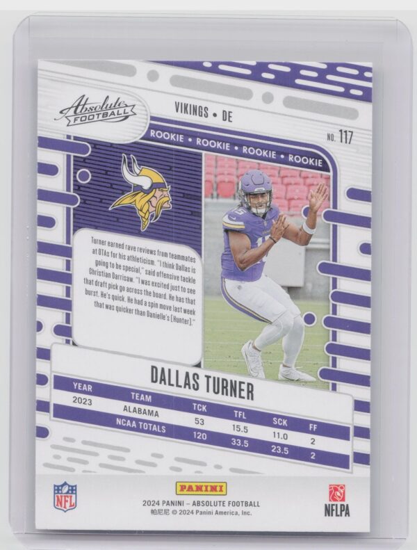 2024 Absolute Dallas Turner Red and Blue RC #117 Vikings - Image 3
