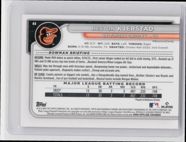 2024 Bowman Chrome Heston Kjerstad RC #44 Orioles - Image 3