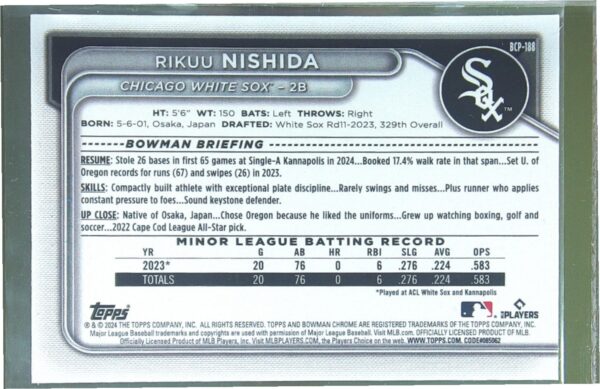 2024 Bowman Chrome Rikuu Nishida /99 #BCP-188 Sox Prospects Green Refractors - Image 3
