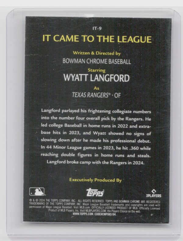 2024 Bowman Chrome Wyatt Langford RC #IT-9 Rangers It Came to the League - Image 3