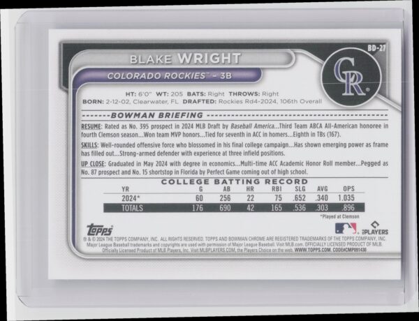 2024 Bowman Draft Blake Wright #BD-27 Rockies - Image 3