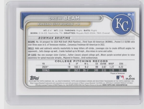2024 Bowman Draft Drew Beam #BD-75 Royals - Image 3