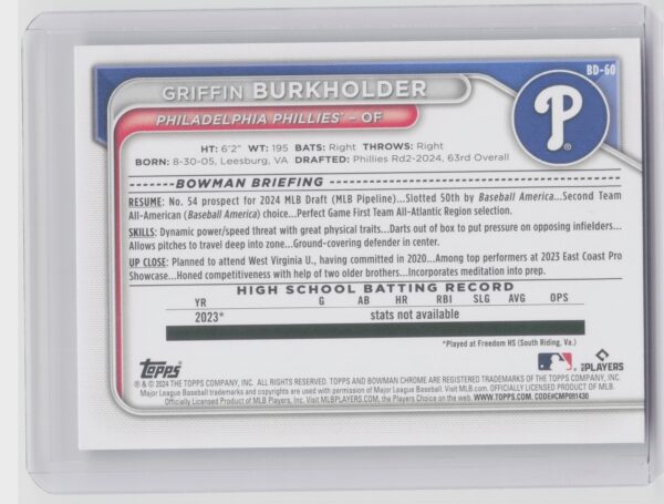 2024 Bowman Draft Griffin Burkholder #BD-60 Phillies - Image 3