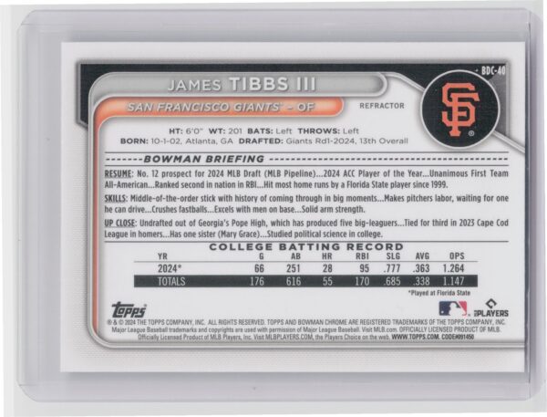 2024 Bowman Draft James Tibbs III Chrome #BDC-40 Giants - Image 3
