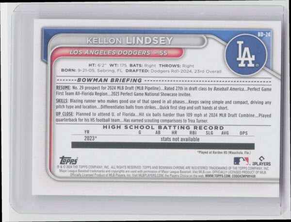 2024 Bowman Draft Kellon Lindsey #BD-24 Dodgers - Image 3