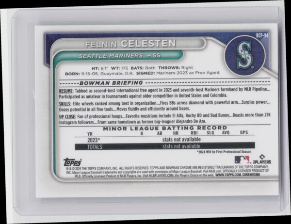 2024 Bowman Felnin Celesten #BCP-94 Mariners Chrome Prospects Mojo Refractors - Image 3