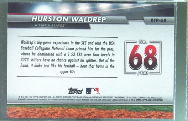 2024 Bowman Hurston Waldrep #BTP-68 Braves Bowman Scouts' Top 100 - Image 3