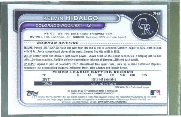 2024 Bowman Kelvin Hidalgo Auto /99 #CPA-KHI Rockies Chrome Prospects Autographs - Image 3