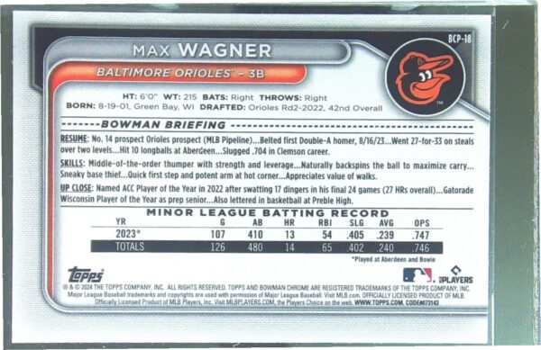 2024 Bowman Max Wagner #BCP-18 Orioles Chrome Prospects Lunar Glow Refractors - Image 3
