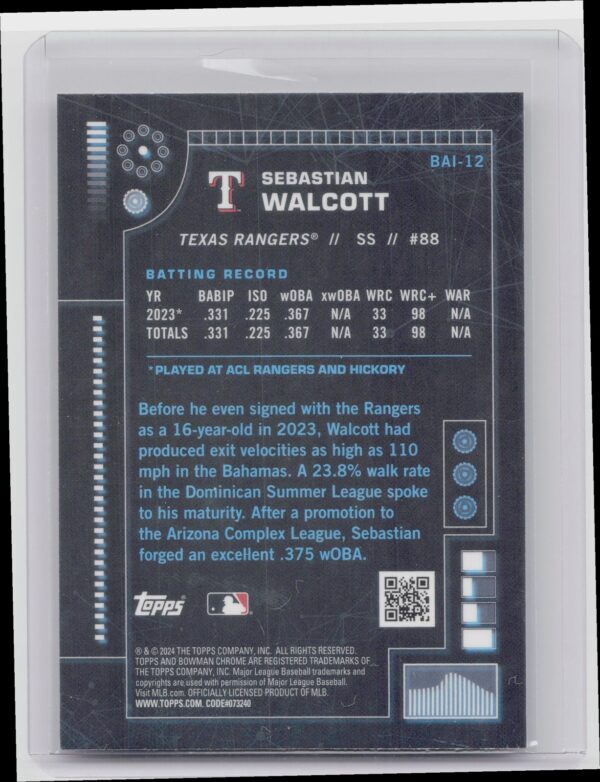 2024 Bowman Sebastian Walcott #BAI-12 Rangers Bowman A.I. - Image 3