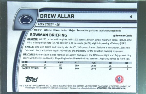 2024 Bowman University Chrome Drew Allar Teal Lava Refractor RC 4 Lions - Image 3