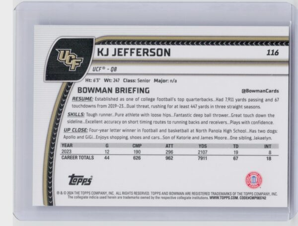 2024 Bowman University Chrome KJ Jefferson Aqua Refractor /299 116 Knights - Image 3