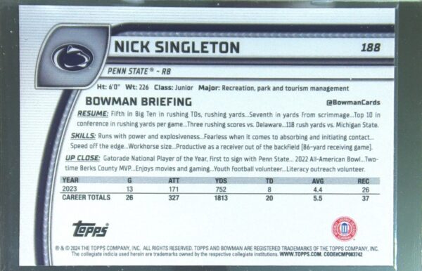2024 Bowman University Chrome Nick Singleton Pink Lava Refractor RC 188 Lions - Image 3