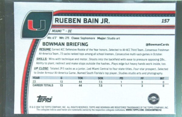2024 Bowman University Chrome Rueben Bain Jr. Pink Lava Refractor 157 Hurricanes - Image 3