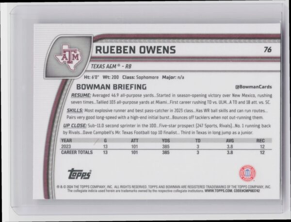 2024 Bowman University Chrome Rueben Owens Pink Lava Refractor 76 Aggies - Image 3