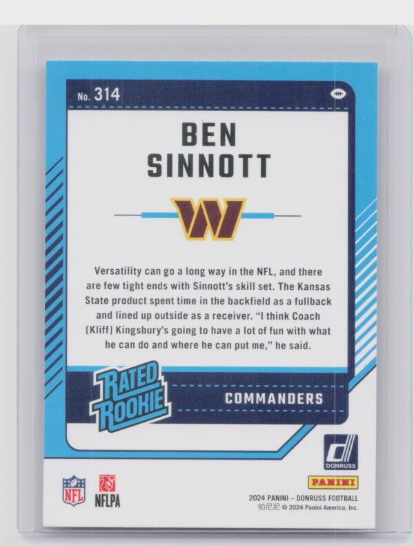 2024 Donruss Ben Sinnott RC 314 Commanders - Image 3