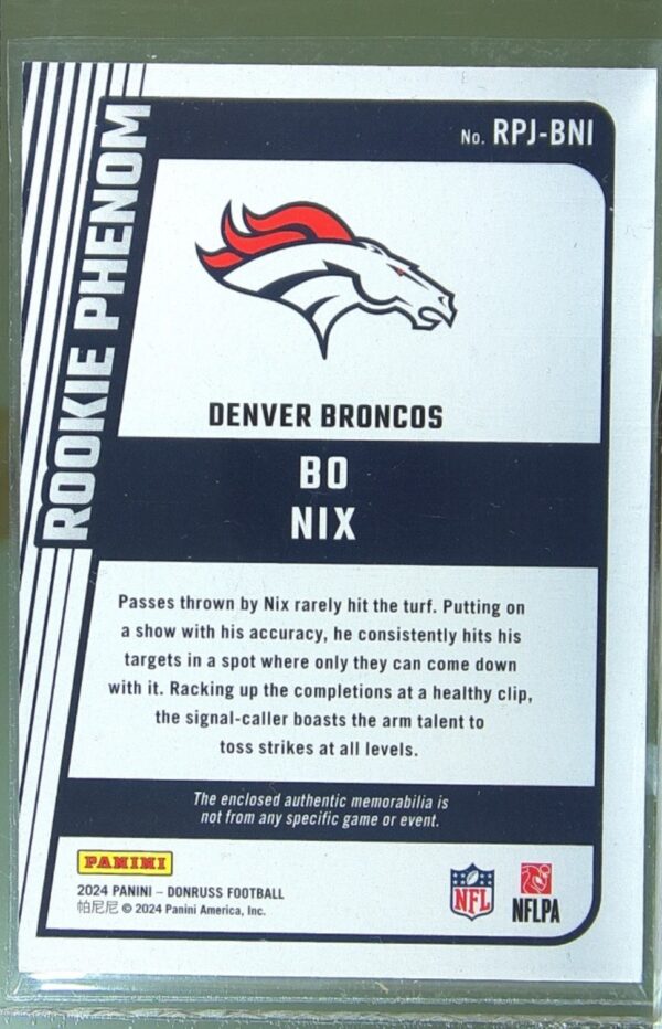 2024 Donruss Bo Nix JSY RC RPJ-BNI Broncos Rookie Phenom Jerseys - Image 3