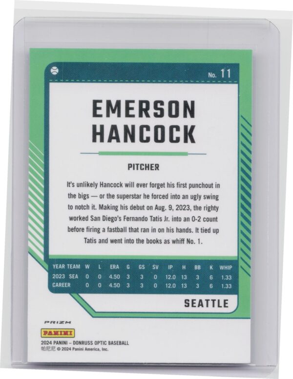 2024 Donruss Emerson Hancock Optic Blue Velocity Prizm #11 Mariners - Image 3