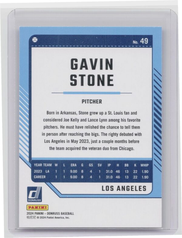 2024 Donruss Gavin Stone Red and Blue #49 Dodgers - Image 3