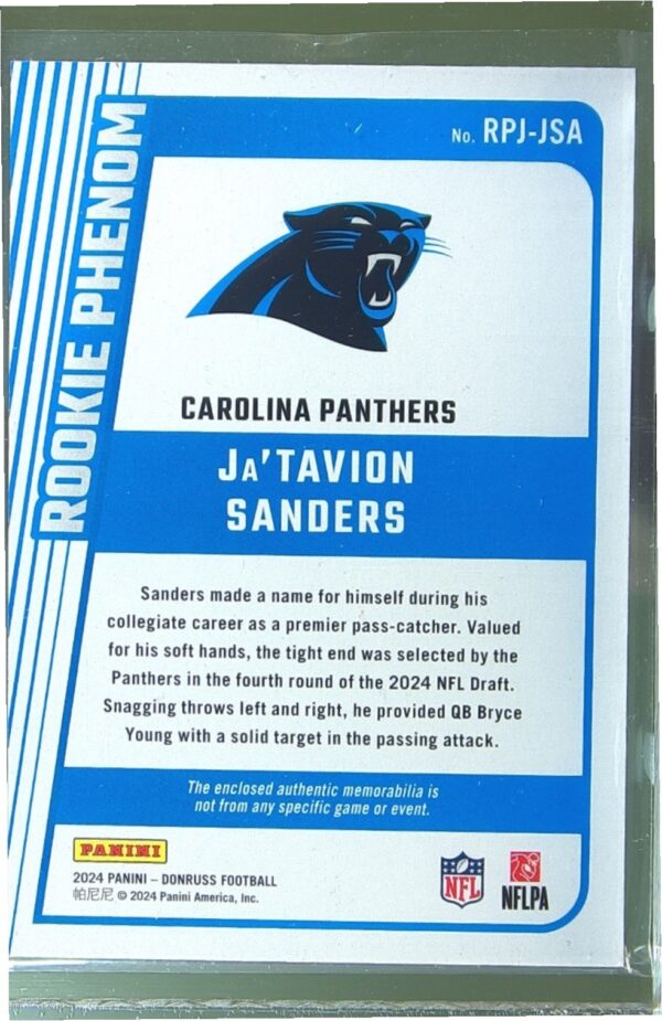 2024 Donruss Ja'Tavion Sanders JSY RC RPJ-JSA Panthers Rookie Phenom Jerseys - Image 3
