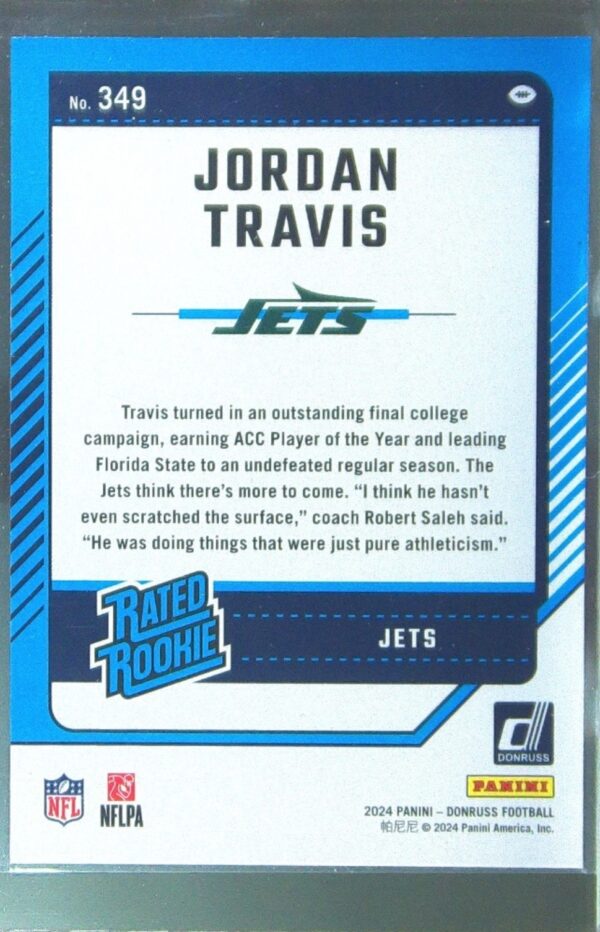 2024 Donruss Jordan Travis RC #349 Jets - Image 3