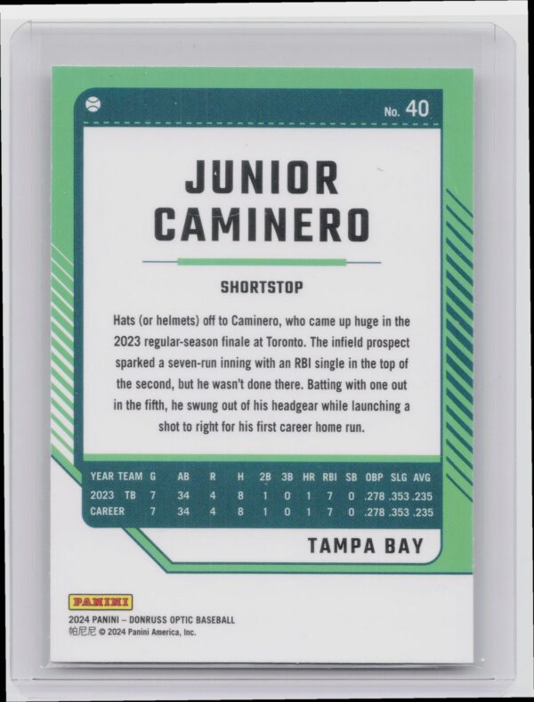 2024 Donruss Junior Caminero #40 Rays - Image 3
