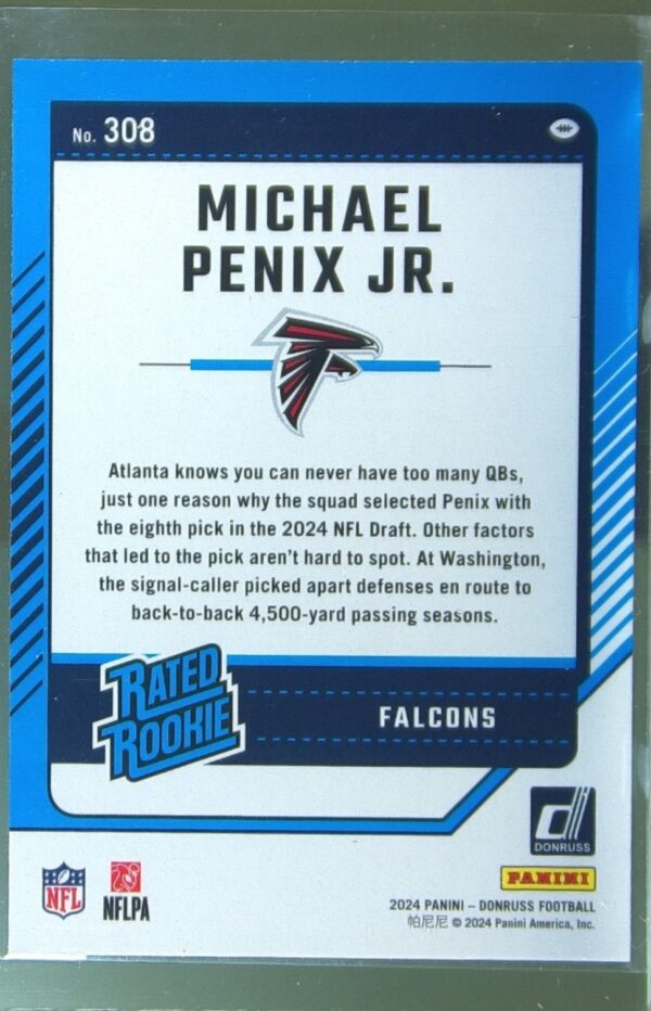 2024 Donruss Michael Penix Jr. RC 308 Falcons - Image 3